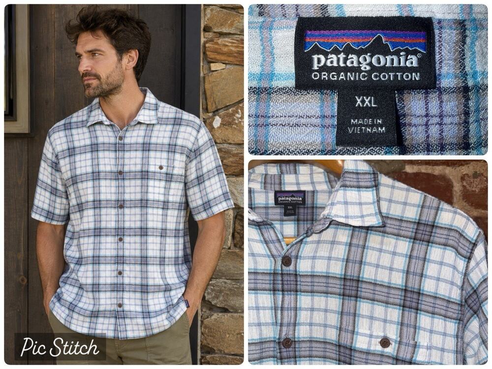 Patagonia A/C Organic Cotton Seersucker Gauze Blue Plaid Camp Shirt Mens XXL EUC